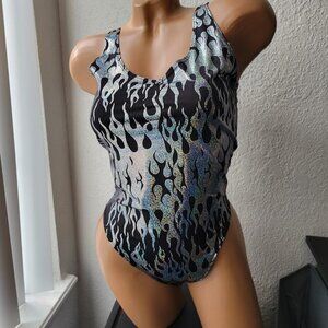 *SOLD* iHeartRaves Silver Flames Scoop Neck Bodysuit (EUC, size S/M)